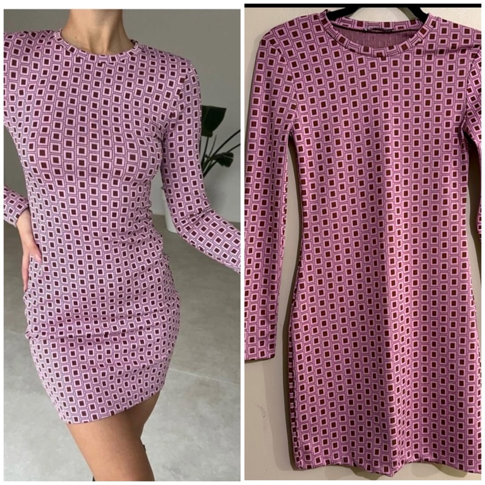 Zara Pink Geometric Long Sleeve Bodycon Dress